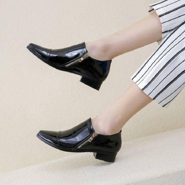 

patent plutonium leather pointed to the woman official career shoes with zipper office moccasins oxford size 42 43, Black