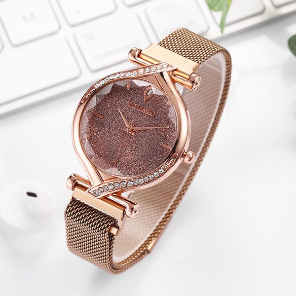 

luxury diamond starry sky watch women fashion milan belt magnet buckle casual quartz wristwatch ladies dress watch clock female, Slivery;brown