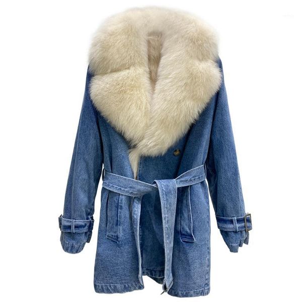 

female denim jacket made of natural fur parkas cloth for women winter denim coats parka1, Black