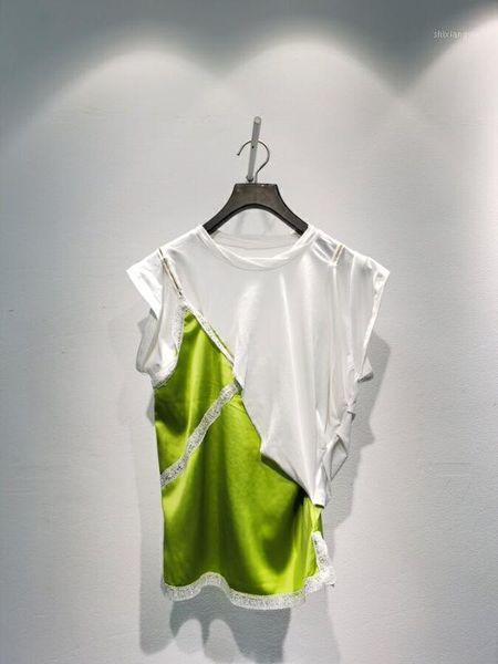 

women t-shirt 2020 spring and summer new fake two-piece stitching sleeveless lace edge t-shirt women1, White