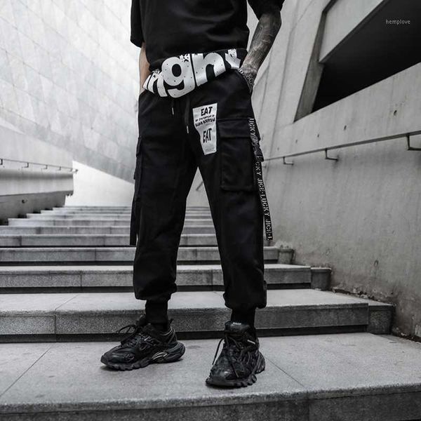 

darkly style fashion side ribbons men's jogger trousers hip hop 2020 spring autumn casual street male harem pants black1, Black