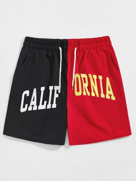 

romwe guys colorblock & letter print drawstring shorts r5xb#, Black