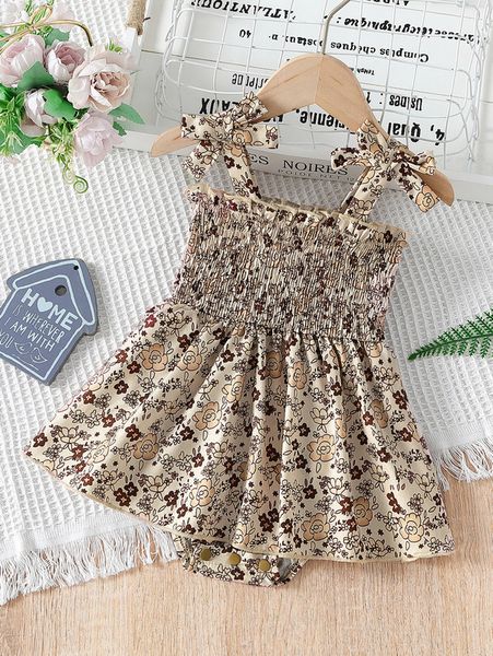 

baby floral print shirred bow shoulder peplum waist cami bodysuit she, Red;yellow