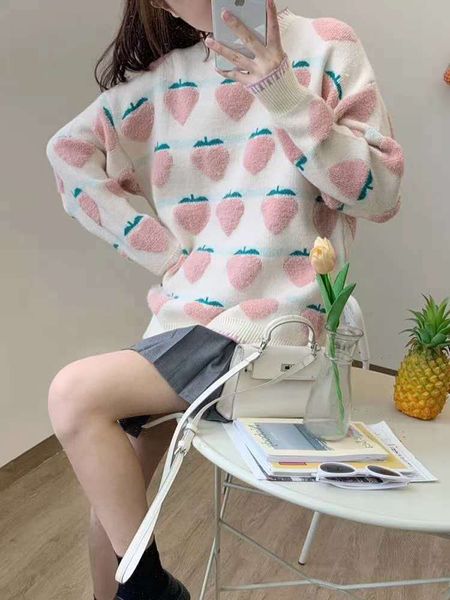 

peach strawberry sweater for women languid fashion 2020 new loose wear autumn and winter pink ancient works, White;black