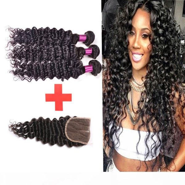 

7a peruvian virgin hair with closure deep wave 4 bundles human hair weave with lace closure knot are bleached peruvian deep wave, Black