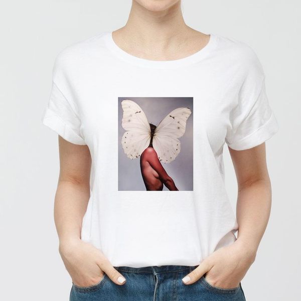 

new cotton harajuku aesthetics tshirt flowers feather printed tee fashion casual women t shirt, White