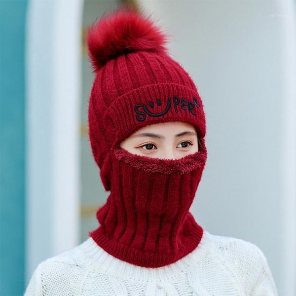 

women winter knit beanie balaclava hat letters embroidery faux fleece lined zipper face mask neck warmer pompom hood cap1, Blue;gray
