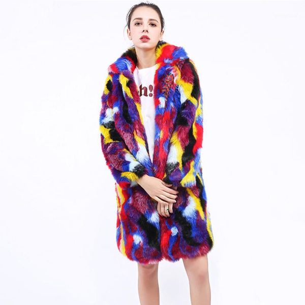 

2020 faux fur coat colorful jacket women winter fur long overcoat soft warm rainbow color outerwear female pc2901, Black