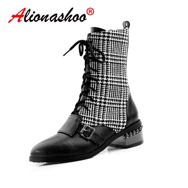 

новая осень зима женские ботильоны высокого качества пэчворк шнурок европейские женские туфли искусственные кожаные моды ботас 34-48 14, Black