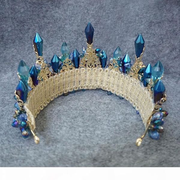 

himstory amazing brides oversize blue baroque royal crown headpiece retro green rhinestone tiara hairbands wedding hair jewelry s926, Slivery;golden