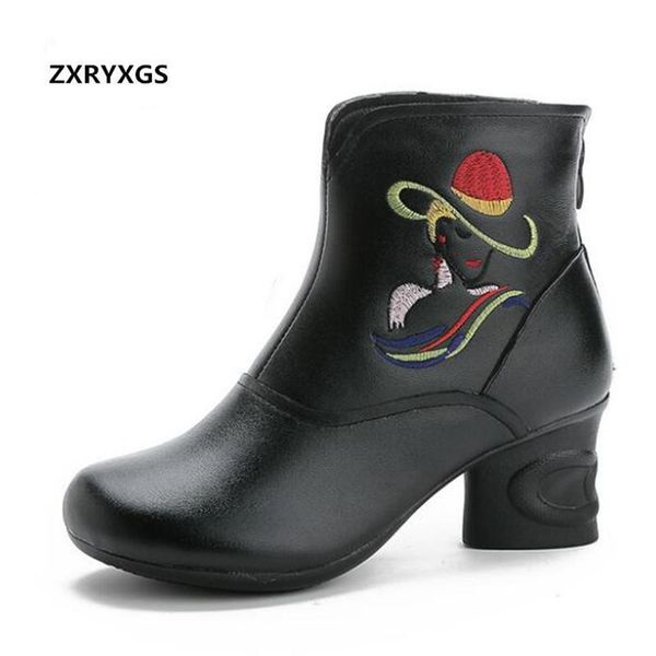 

boots beautiful embroidered fashion warm winter ethnic style genuine leather shoes high heels non-slip, Black