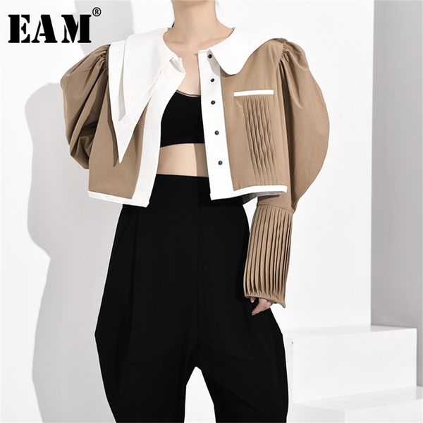 

[eam] women khaki pleated split joint shaped blouse new lapel long sleeve loose fit shirt fashion tide spring autumn lj200811, White