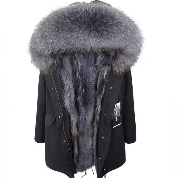 

2021 new natural lined big fur collar gray black raccoon park thick warm coat n6f0