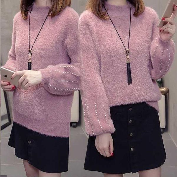 

furry chic women beading knitted pullover pearls loose solid color long sleeve sweater new 2021 autumn winter female jumper, White;black