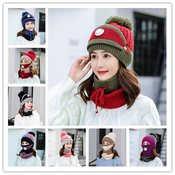 

winter knit women hat girls ear warm fur pom pom ski caps scarf set with breathing bib hat jxw722, Blue;gray