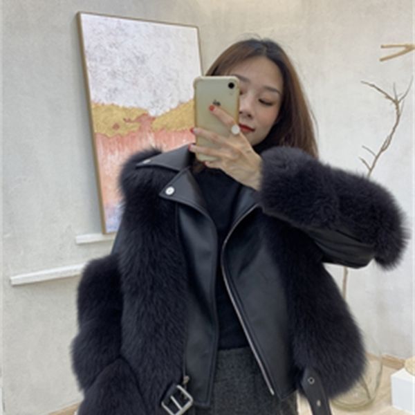 

real fox fur coats with genuine sheepskin leather wholeskin natural fox fur jacket outwear luxury women winter new 201112, Black