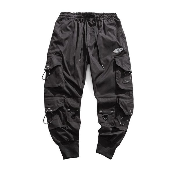 

techwear paratrooper pants men's clothes loose tactical hip hop drawstring cargo multi-pocket overalls techwear casual trousers, Black