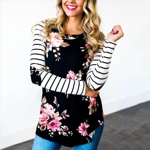 

fall 2021 fashion female t shirt striped sleeve floral elbow patch baseball tees o neck full long raglan sleeve casual, White