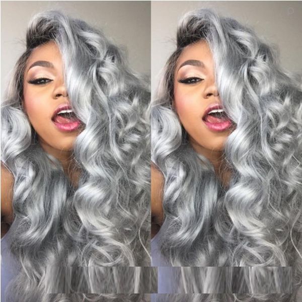 

brazilian ombre grey full lace human hair wigs wavy silver gray glueless front lace wigs 130% density with bleached knots gray wig, Black;brown
