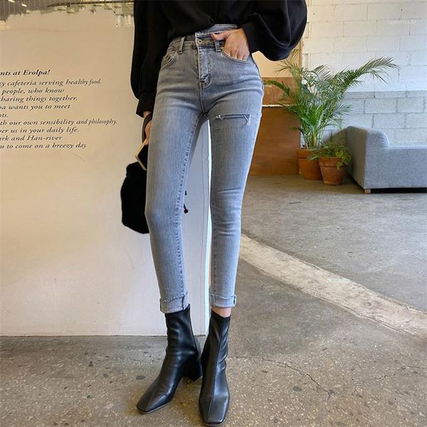 

women's jeans 2021 streetwear high waist buttons women skinny ripped holes pencil for stretch denim pants 20211, Blue