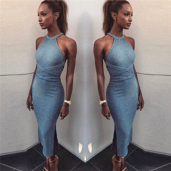 

2021 new club summer robe sleeveless halter bandage women night party slim mid-calf bodycon es 06r6, Black;gray