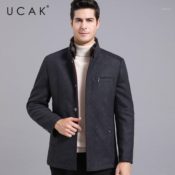

ucak brand jackets men clothes 2020 new winter arrival solid color casual wool coat streetwear fur collar jacket colthing u81121, Black