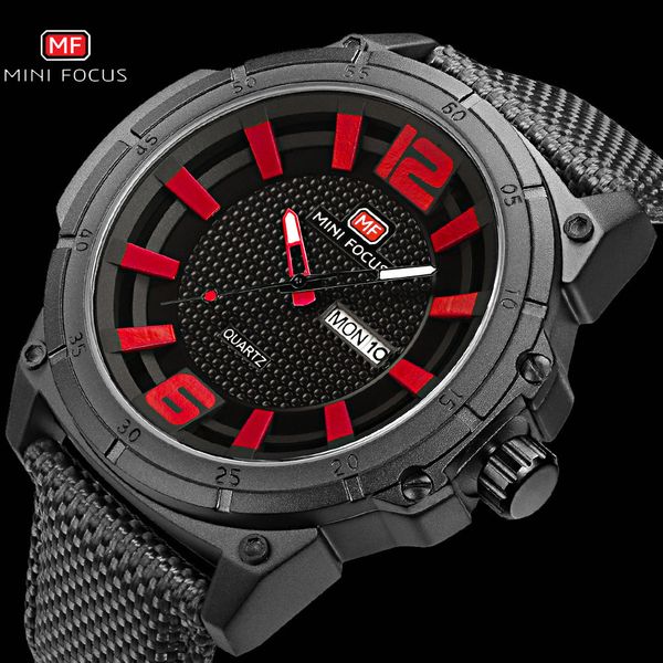 

minifocus sport casual watch men quartz clock black nylon strap red dial waterproof dress calendar mens watches brand luxury, Slivery;brown