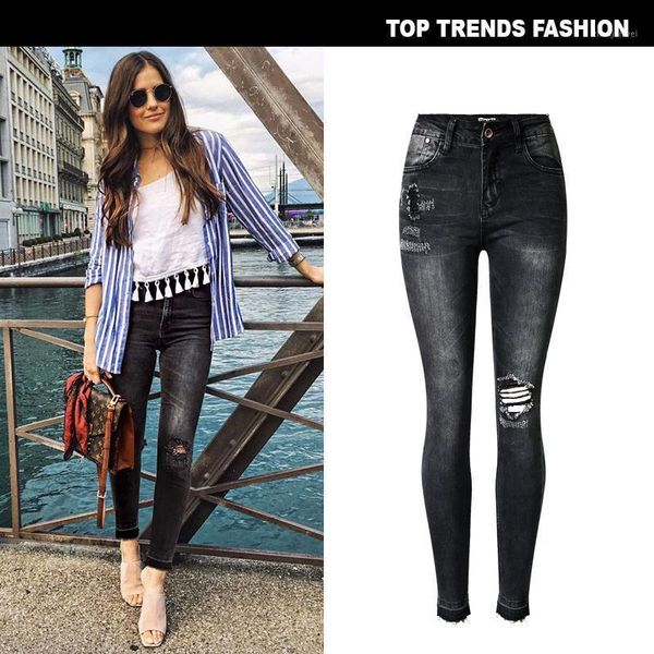 

popular boyfriend high waist ripped skinny jeans for women gray black slim elastic denim pants mujer 27471, Blue