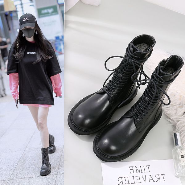 

koovan women's short boots 2020 new genuine leather strap flat boots thick bottom handsome motorcycle girls shoes y200723, Black