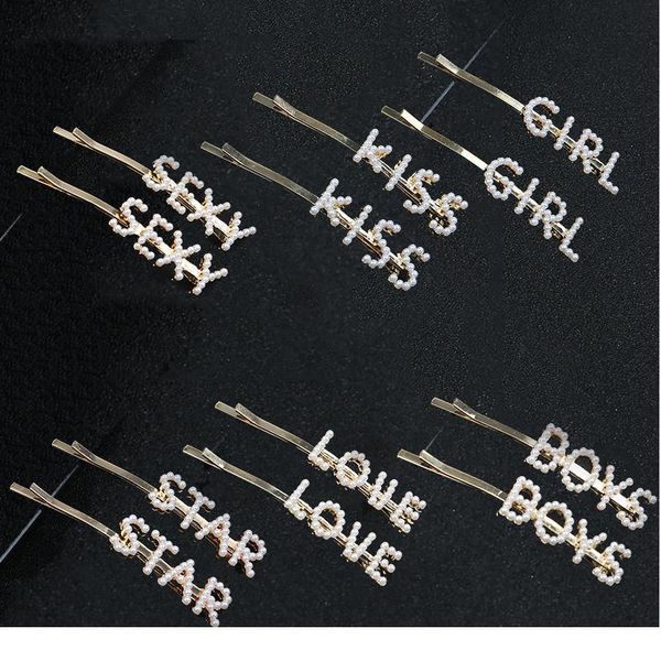 

gold color 2pcs bling letter hairpins headwear for women girls pearl hair clips pins barrette styling tools hair acc qyldlm, Black;brown