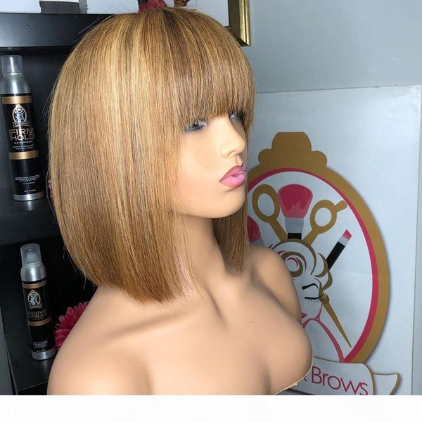 

indian short bob highlight 13x6 deep part lace front human hair wigs with bangs golden brown fringe wigs full lace wig 360 frontal, Black