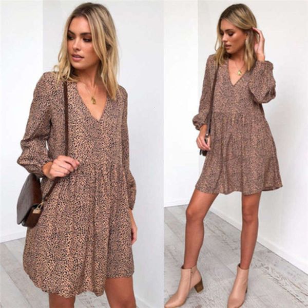 

dot fall / winter 2019 leopard khaki v-neck casual dress, Black;gray