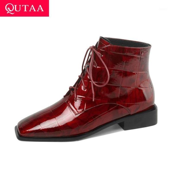 

qutaa 2020 retro square toe autumn winter short boots cow patent leather ankle boots lace up square heel women shoes size 34-411, Black