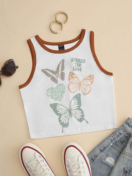 

contrast binding letter and butterfly print tank s9xe#, White