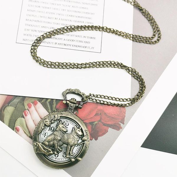 

brand vintage bronze wolf hollow quartz pocket watches pendant women men's gifts with fob chain cf1079 wmtjdv, Slivery;golden
