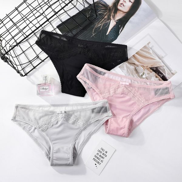 

high end underwear women's lace low waist ice mesh milk silk smooth triangle transparent breathable cotton crotch, Black;pink