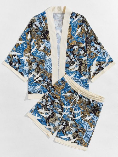 

men crane print kimono with shorts z0bp#, Gray