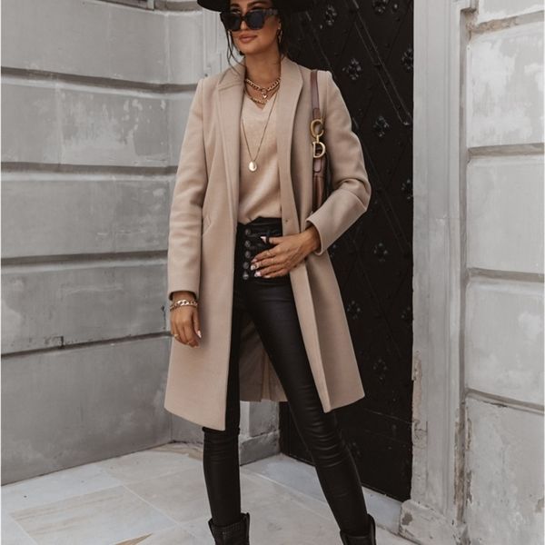 

coat women winter basic solid lapel pocket long cashmere woolen coat abrigos mujer invierno 2020 manteau femme y1120, Black