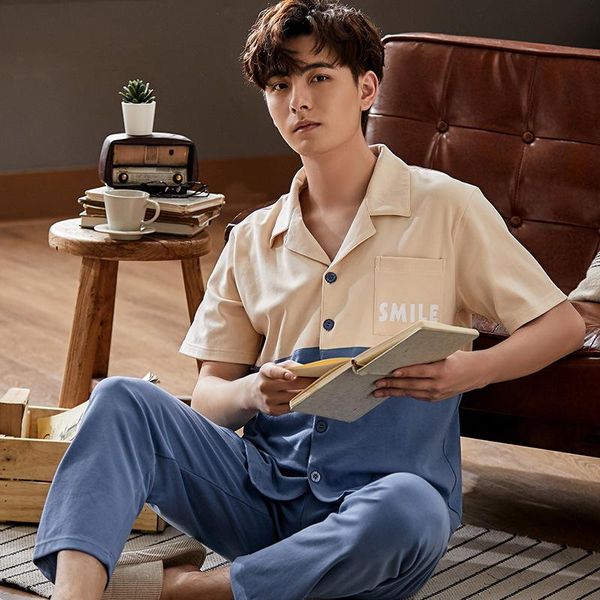 

cotton men pajamas short-sleeved trousers spring and autumn youth thin summer cotton men's homewear set home suit sleepwear, Black;brown