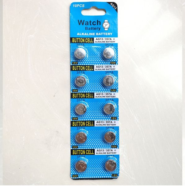 AG13 LR44 A76 CELULAS DE BOTￃO 1.5V Bateria 0%Hg Pb 10pcs por pacote de cart￣o de bolha