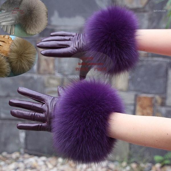 

leather gloves lambskin oversized fur gloves purple gray women' mittens1, Blue;gray
