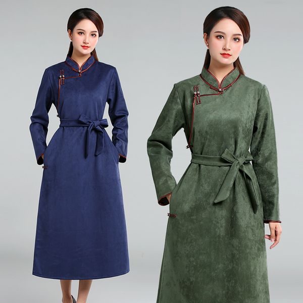 Monglian-Stil Freizeitkleider Damen Frühling Herbst Modernes Kleid Stehkragen Vintage-Kleid Asiatische Wildleder-elegante Kleidung