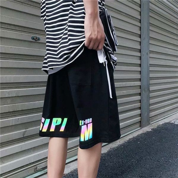 

shorts men's trendy brand loose straight pants ins sportswear trend reflective printing capris, White;black