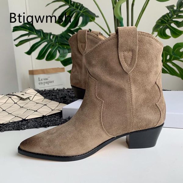 

retro real leather ankle boots women pointed toe kid suede leather high heel boots female fashion short1, Black