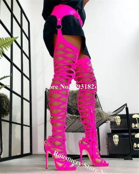 

women open toe straps cross over knee stiletto heel gladiator boots waist buckle long high heel sandal boots dress heels1, Black