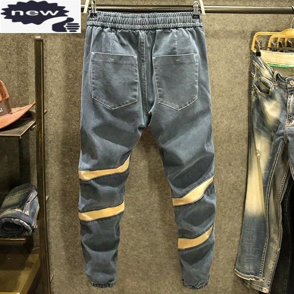 

men's jeans autumn mens vintage washed black denim casual loose elastic lace-up waist harem pants patchwork fashion trousers, Blue