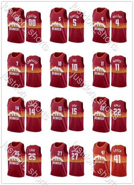 

mens jokic 15 murray 27 campazzo 7 nnaji 22 barton 5 morris 11 green 41 cook 25 bol 10 harris 14 millsap 4 press city new edition jersey, Black;red
