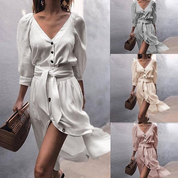 

2020 autumn women dress solid half sleeve v-neck button slim bandage dress fashion women a-line with belt, White;black