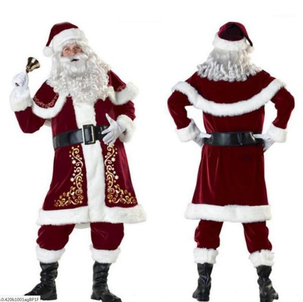 Decorações de Natal Deluxe Veludo Santa Claus Terno Adulto Mens Costume luvas + xale + chapéu + tops + cinto + tampa de pé + luvas cosplay de alta qualidade1