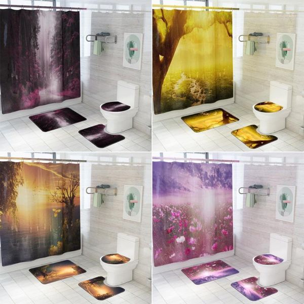 

shower curtains modern printing forest fabric curtain landscape bath screen bathroom non-slip rugs toilet lid cover mat carpet1